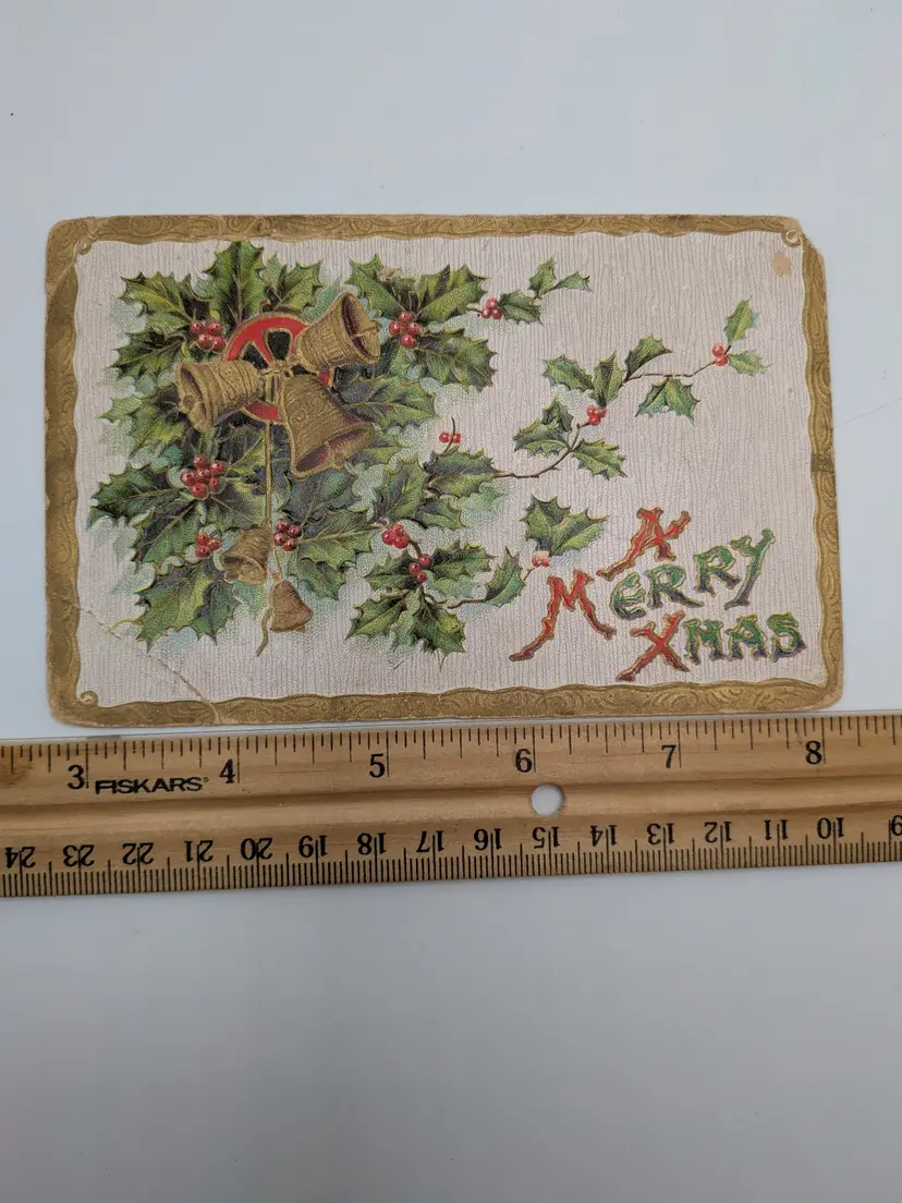 E126. Antique Postcard Green 1¢ stamp POSTMARKED 1909 Embossed "A Merry XMas" gold made in Germany