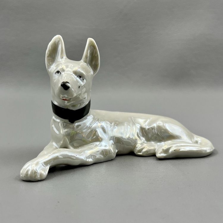 Vintage White Lusterware Lying Dog Figurine 5x3" Japan Great Dane German Shepherd Pointy Ears