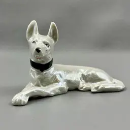 Vintage White Lusterware Lying Dog Figurine 5x3" Japan Great Dane German Shepherd Pointy Ears