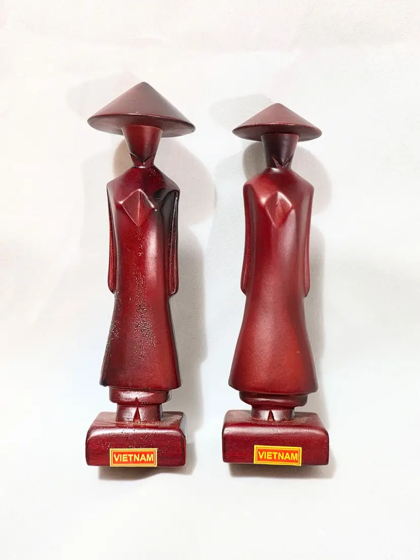 2 Vintage Vietnamese Hand-carved Wooden Women With Sticker Rosewood