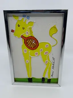 Shari Hatchett Original Framed Yellow Giraffe W Tennis Racquet Signed Acrylic