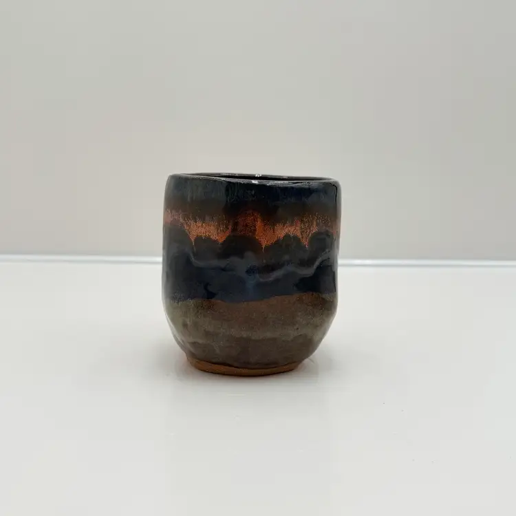 Signed Studio Pottery Blue, Tans And Copper Drip Glaze Small
Planter