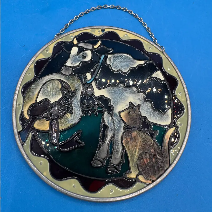 Vintage Joan Baker Designs Glass Hand Painted Sun Catcher W/ Cow & Cat