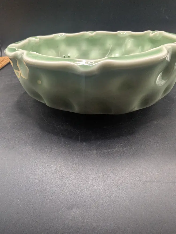 Vintage Japanese Seto Celadon Glaze Porcelain Dish - Scholar Washer Lotus Leaf Shape