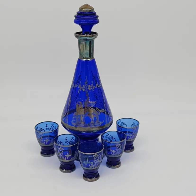 Cobalt Blue Silver Inlay Decanter Bar Set Barware PAX TIBI Angel Lion MCM Vintage