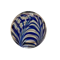 MMA Pulled Cobalt @ White Crystal Clear Art Glass Paperweight Signed - 3”