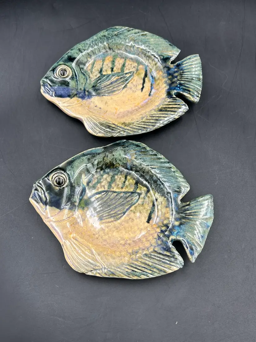 2 Vintage Art Studio Pottery Fish Design, Small Plates/Trinket Dishes, Artist Signed Lawson 91