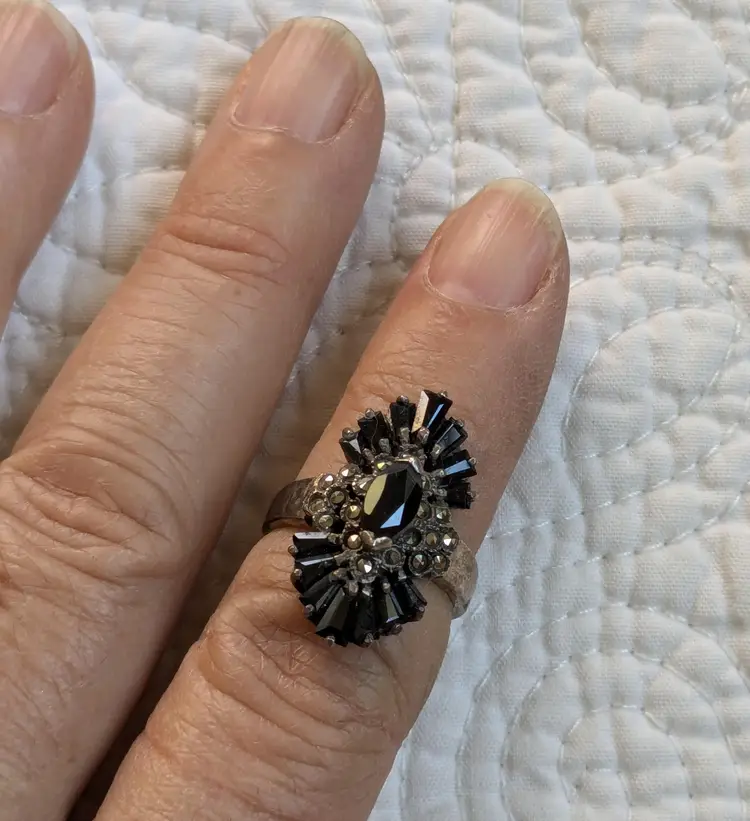 Vintage Art Deco Style Sterling Silver Ring with Black Stones and Marcasite, Size 5.5