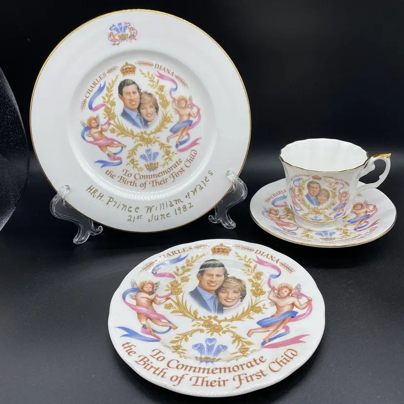 #2701 Bone Vintage Cup and Saucer and plates to commemorate the birth of Prince William 1982