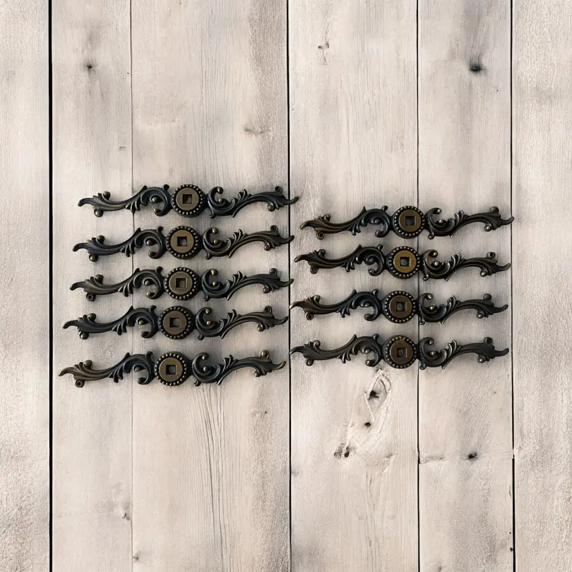 Set (9) Ornate Cabinet Pull BACKPLATE. 6" NOS Vtg Furniture Hardware Knob Parts French Provincial Renovation. c1967 Bronze Color