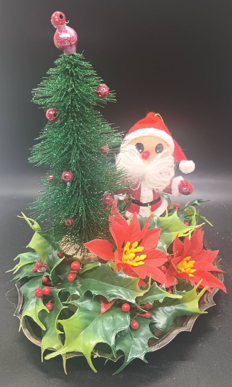 Handmade Christmas Assemblage, Santa, Plastic Fantastic, Kitsch Mercury Beads, Silverplate Tray