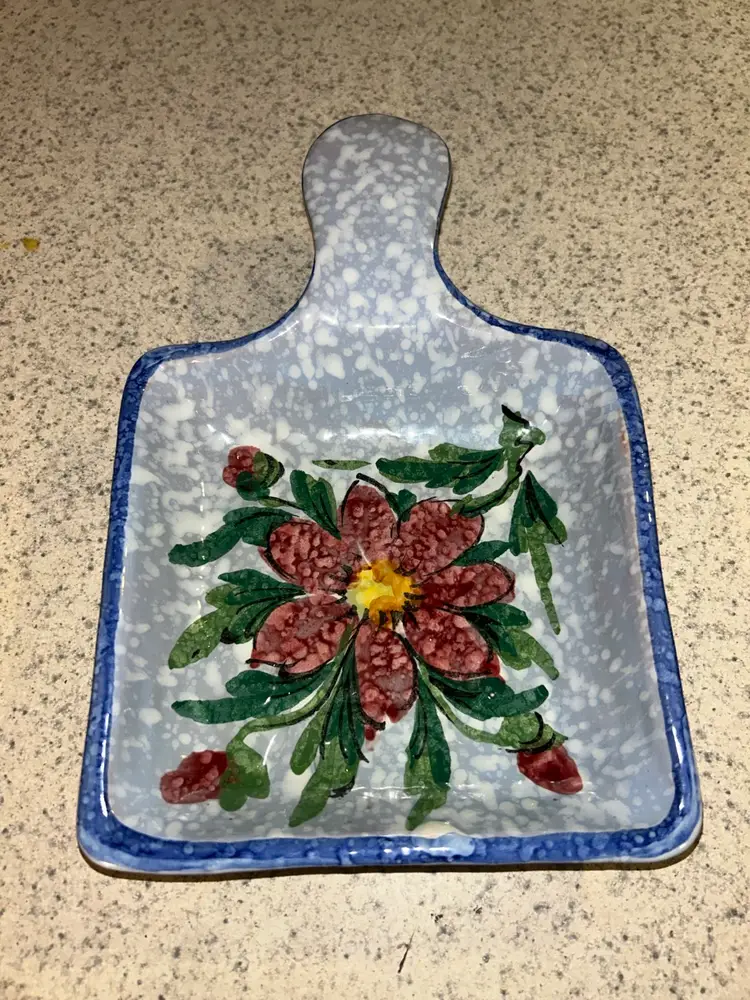 Vintage Hand-Painted Italian Ceramic Sponge Holder or Spoon Rest with Floral Design