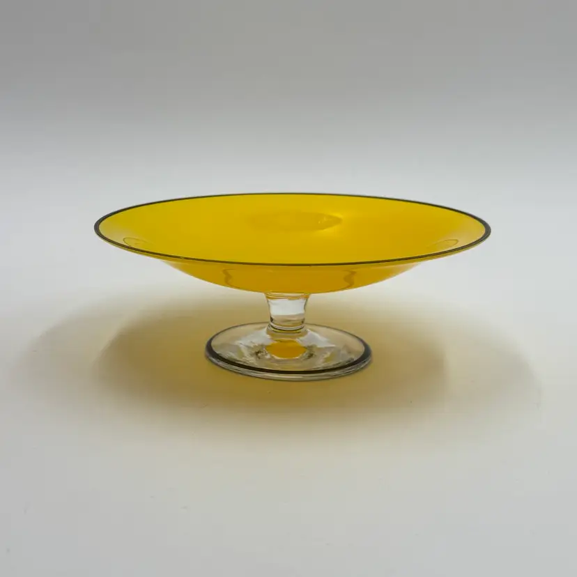 Yellow Blown Glass Compote With Black Rim Vintage Czech Bohemian Dish Clear Stem