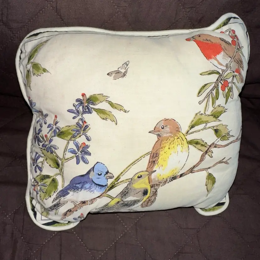 Vintage Fabric Perched 4 Birds Nature Pillow 10.5" x 9 Single Stitch