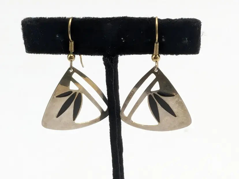 Vintage Silver Tone and Black Geometric Earrings Triangle Dangle