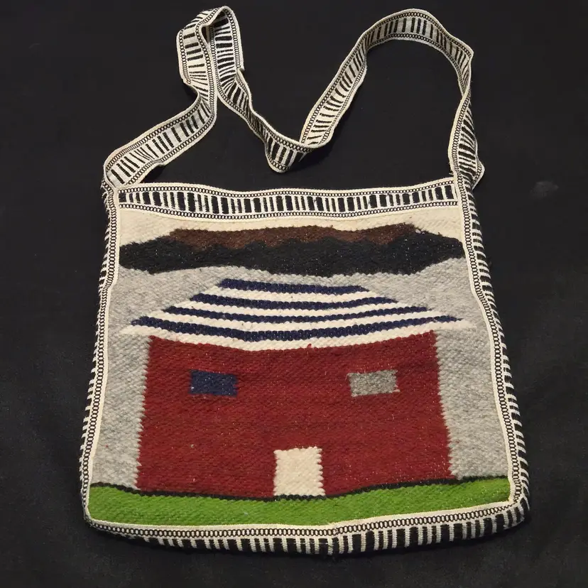 Folk Art Shoulder Bag Runa Kuarmi Woven 100% Wool House Landscape and Ecuador words 1980s Vintage