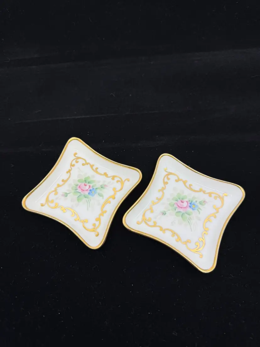 2 Vintage Trinket Dishes France Porcelain Hand Painted Florals Gold Trim 3”