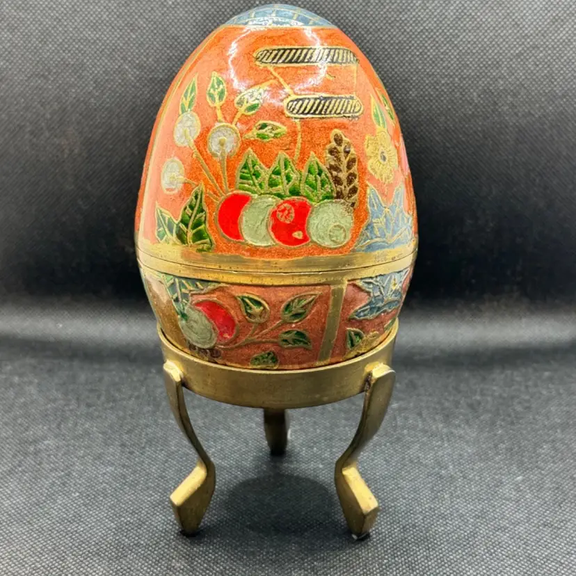 Vintage Egg Shape Cloisonné Solid Brass Enamel Trinket Box On Heavy Stand, By A. Vroubel Inc., Made In India