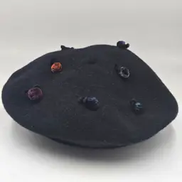 Vintage Daniele Meucci Italy Black Wool Berret Florence Velvet Rosettes Chic HTF