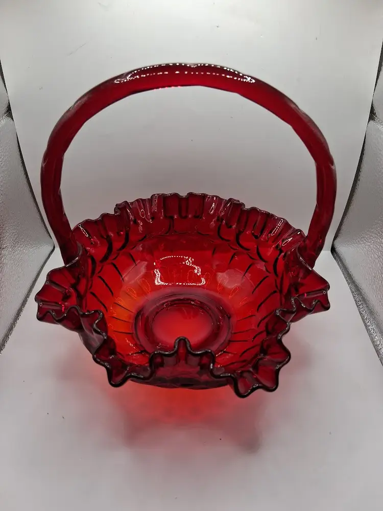 Vintage Fenton Ruby Red/Amberina (Cadmium) Thumbprint, Crimped Edge Glass Basket 8" GLOWS