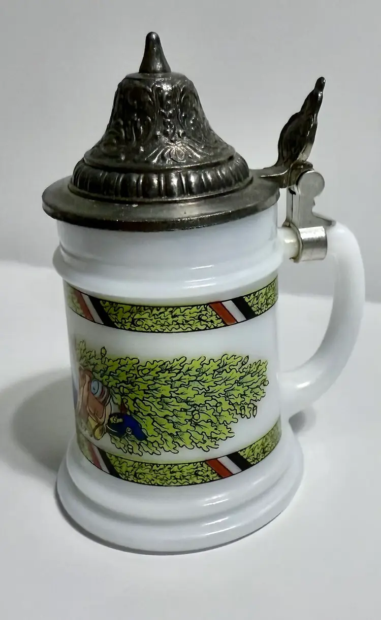 Vintage Mini BMF Bierseidel Milk Glass Beer Stein with Pewter Lid Made in West Germany