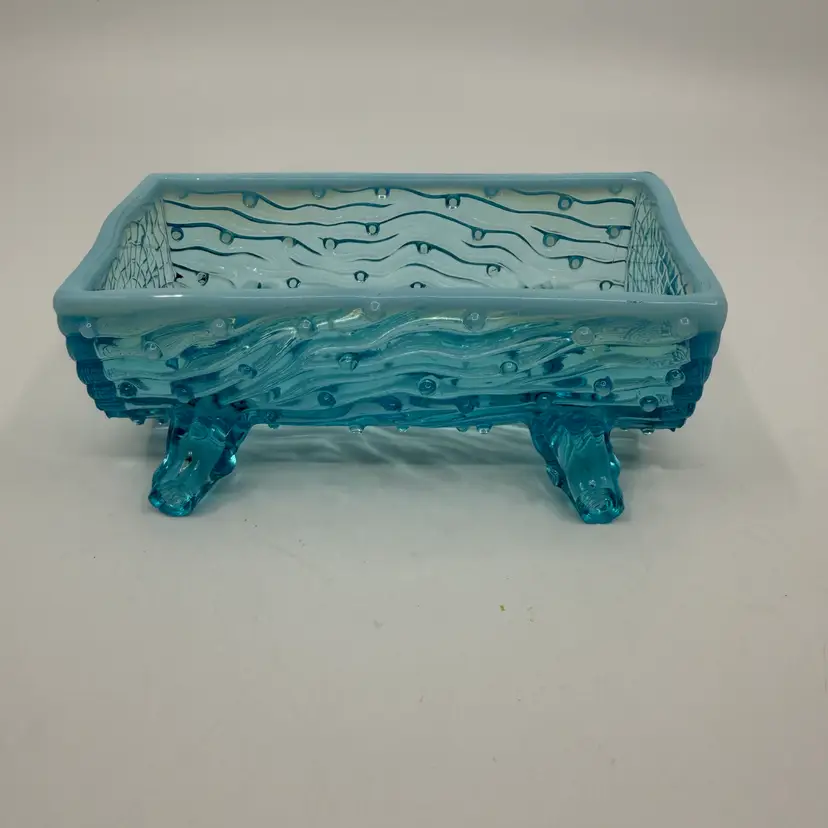 Vintage Northwood Glass Blue Opalescent Sugar Log Dish Glows 5.25”