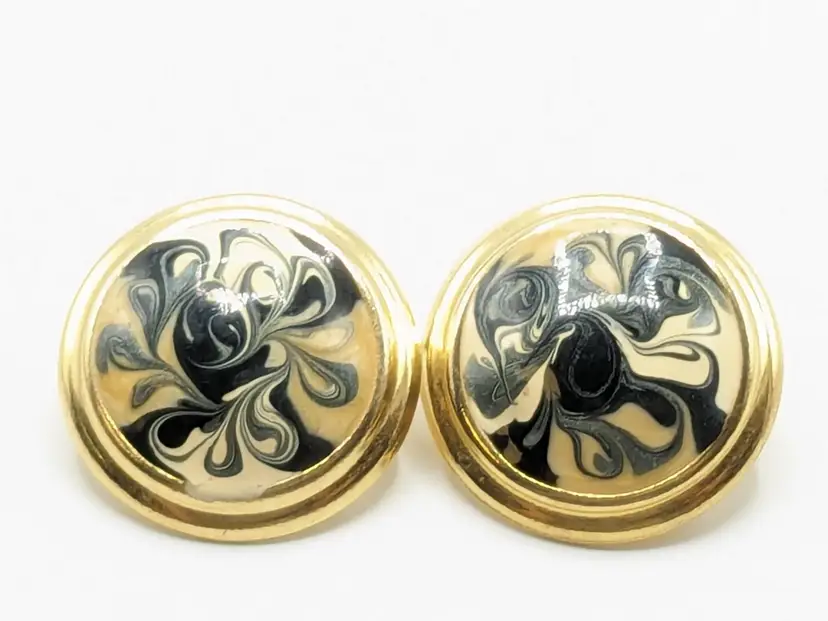 Gold Tone Blue Marbled Enamel Pierced Earrings