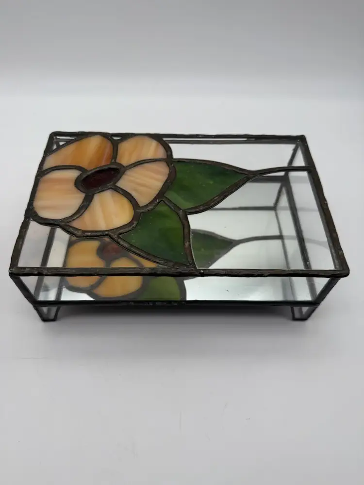 Stained Glass Mirror Rectangular Peach Toned Floral Jewelry Box