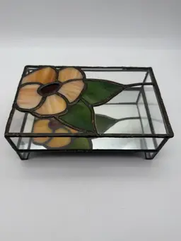 Stained Glass Mirror Rectangular Peach Toned Floral Jewelry Box