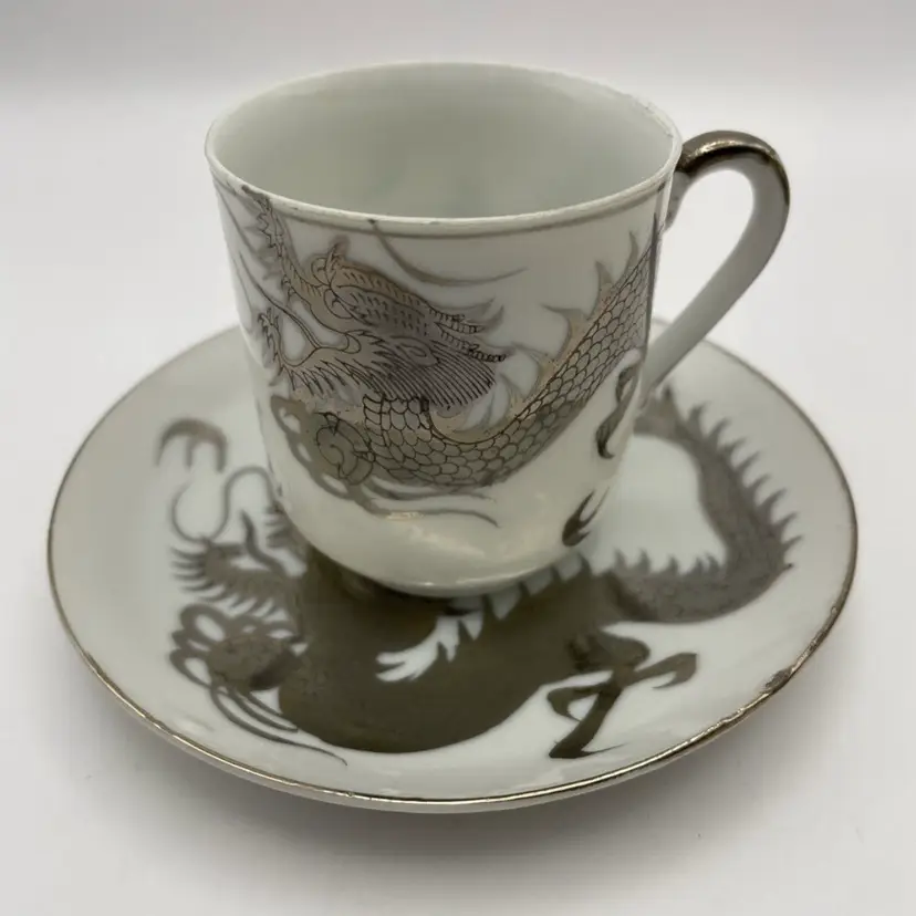 Vintage, Hayasi China, Handpainted Japan, Platinum Luster Dragon, Demitasse Cup/Saucer with Lithopane of a Geisha Girl on the Bottom of the Cup