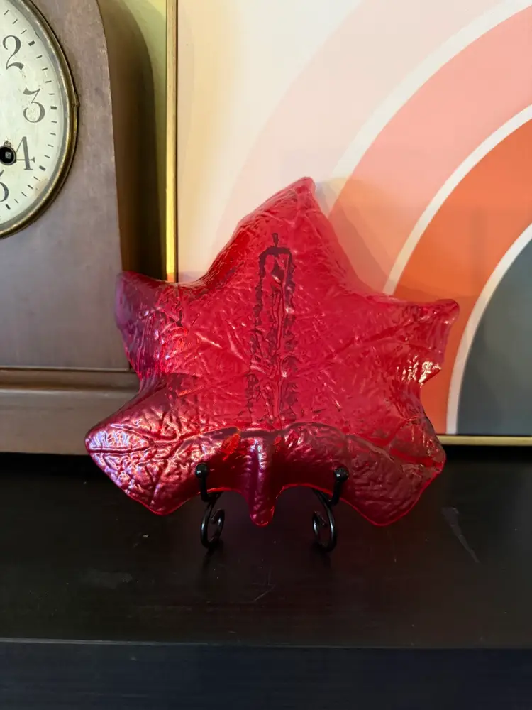 Mid Century Ruby Red Leaf Art Glass Dish Handblown Leaf Shaped Trinket or Candy Bowl Vintage Cranberry Red Glass Decor