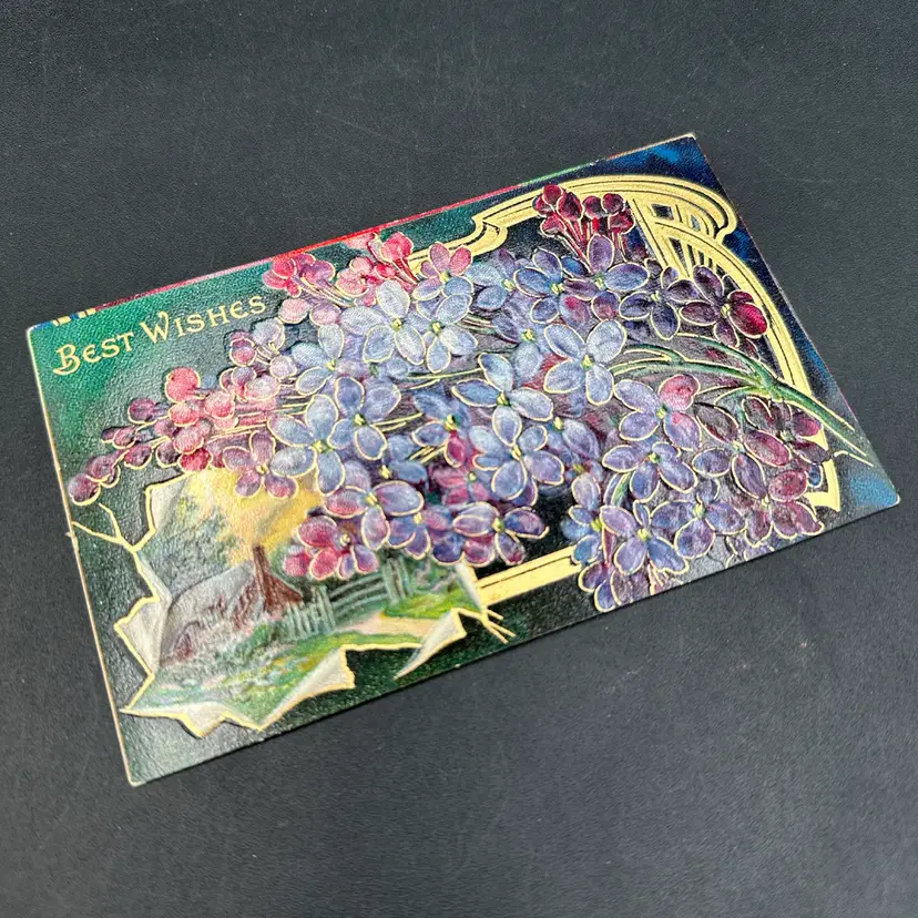 “Best Wishes” Gilded Violets Cozy House Vignette Art Nouveau Antique Postcard, Unused
