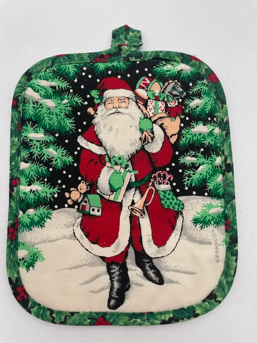 Vintage Franco Father Christmas Green Kitchen Potholder