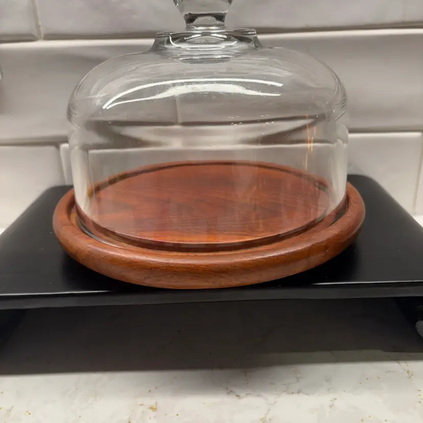 Vintage Danish Teak Wood Cheese Board with Glass Cloche Dome Made in Denmark