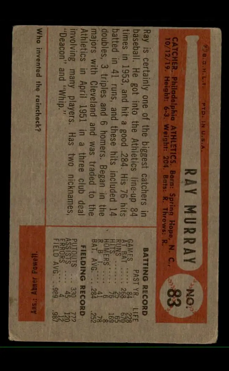 1954 Bowman #83 Ray Murray - (pk-tl3) - Philadelphia Athletics