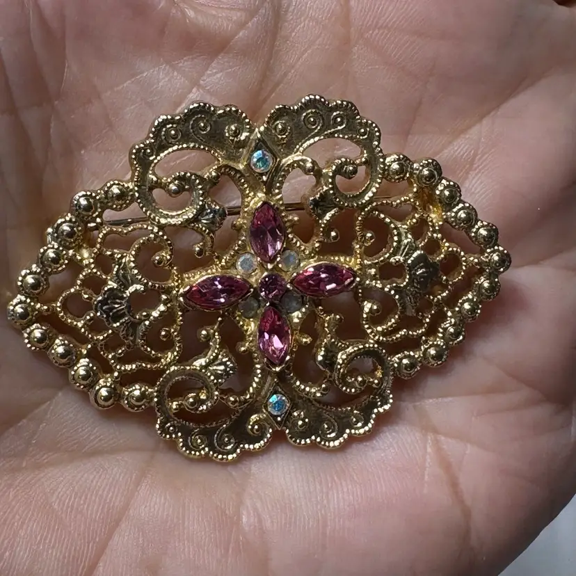 #28. Vintage Filigree Gold Tone Brooch Ornate Pink Rhinestone Center Plus 6 AB Little rhinestones