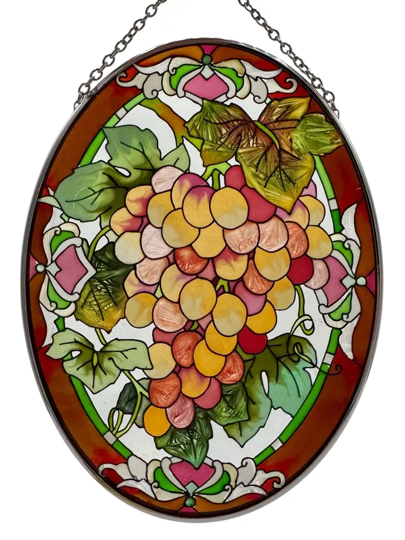Joan Baker Stained Glass Suncatcher Hanging Grapes Fall Autumn Oval 6.75 x 5.25”