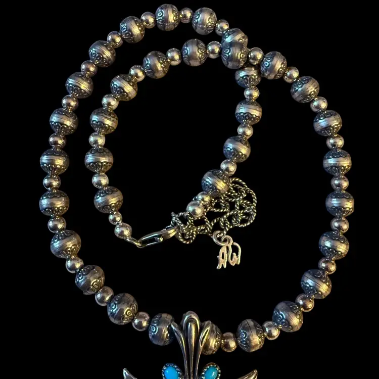 Caroylyn Pollack American West Turquoise And Sterling Cross Enhancer On Sterling Etched Bead Necklace 16” With 3” Extender