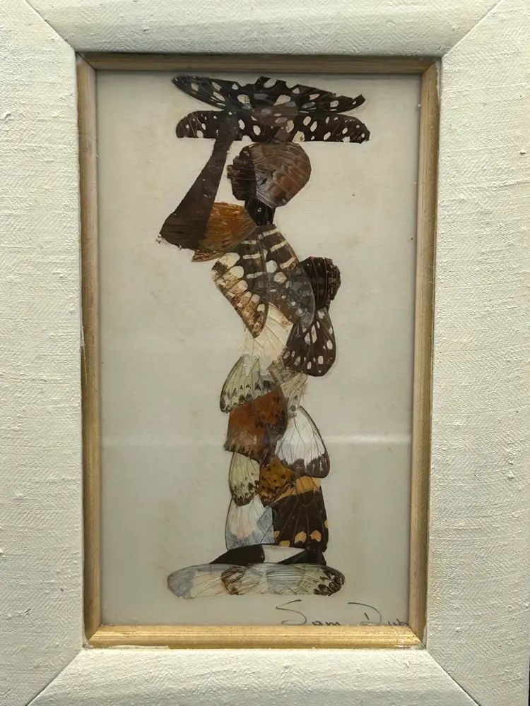 Vintage Mid-Century, Framed Artist Moses Mikumu Original African Butterfly Wing Art