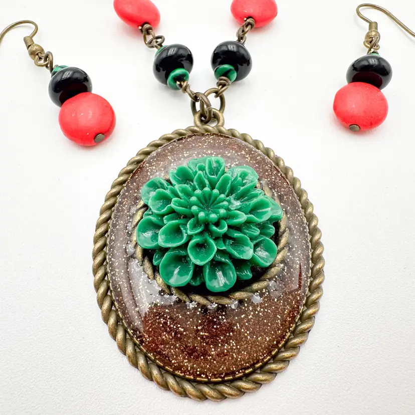 Green Flower Pendant Necklace and Matching Earrings Green Black and Orange Gold Tone Handmade