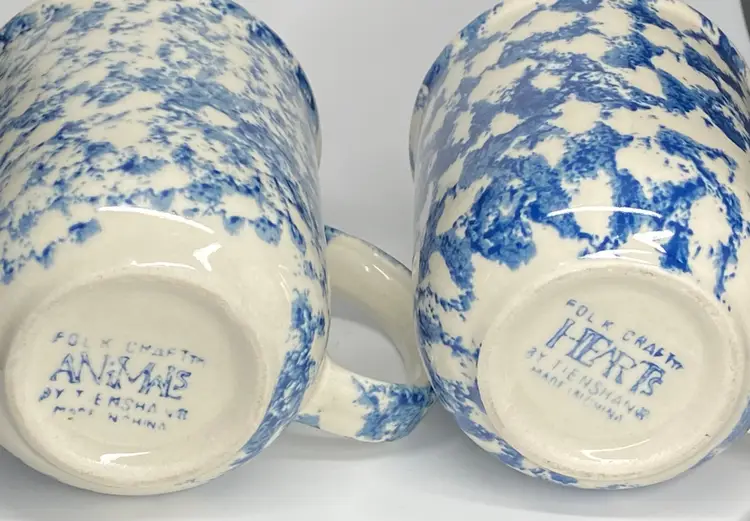 Two Vintage Tienshan Blue Spongeware Ceramic Mugs