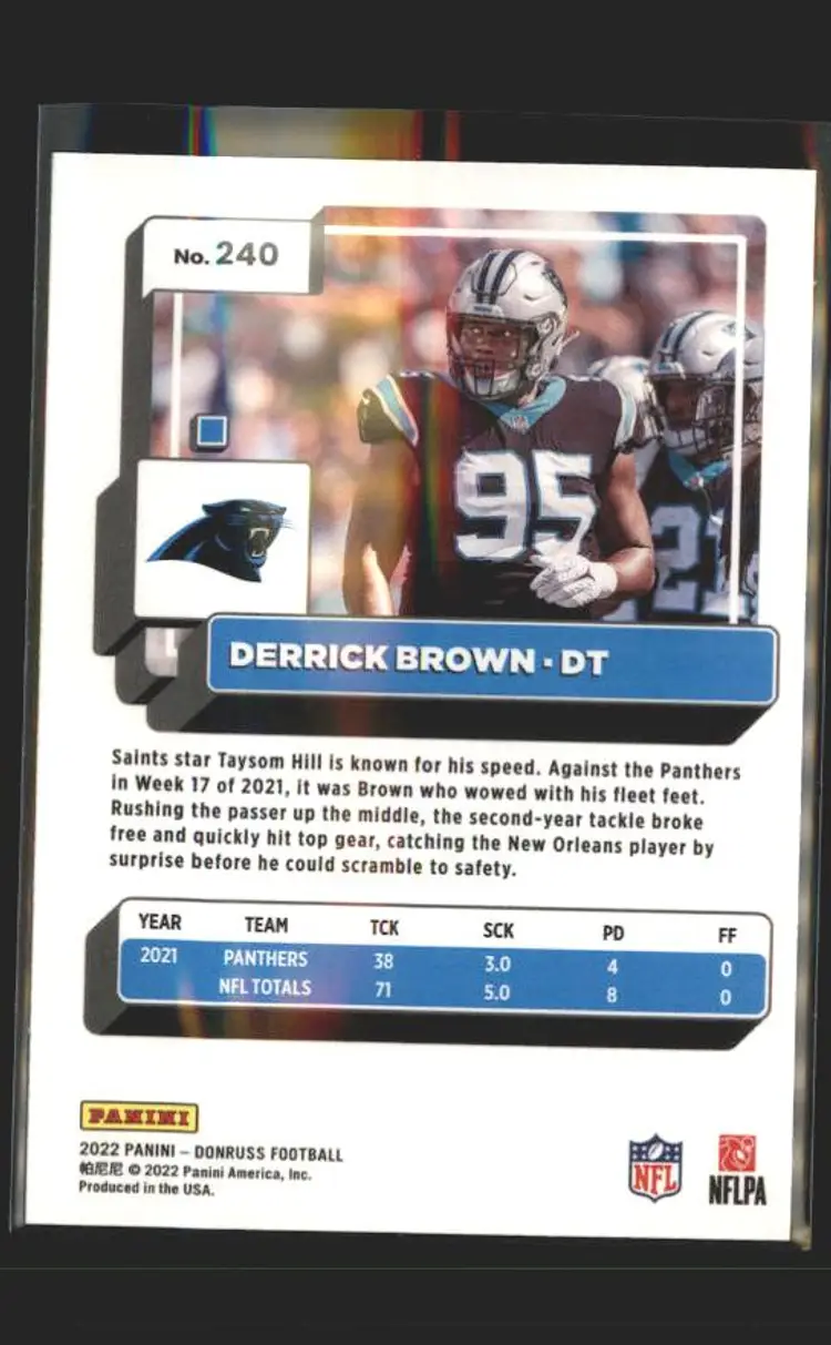 2022 Donruss #240 Derrick Brown Blue Press Proof - (139) - Carolina Panthers