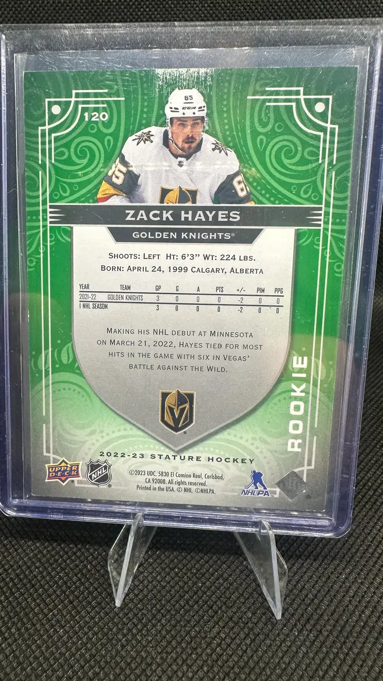 2022-23 Upper Deck Stature Zack Hayes Vegas Golden Knights #120 Green Photo Variant 44/66 RC