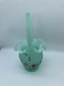 Fenton Aqua Opalescent, Open Heart Arches Handled, Art Glass Basket, Signed Bill Fenton and D. Robinson