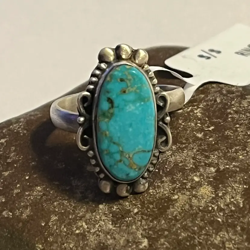 Lone Mountain Turquoise Sterling Silver Ring Oval Cabochon US Size 6 Adjustable