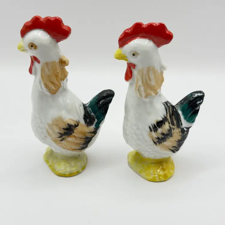 Vintage1950’s  Rooster Figurine, Set of 2, Hand-painted Colorful Ceramic Farmhouse Decor, Unbranded, Made in Japan