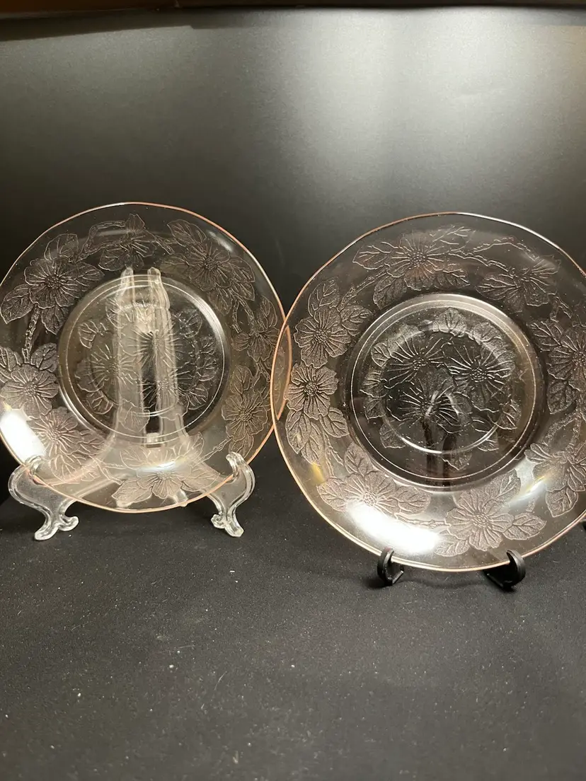 Pair of Depression Pink Glass Saucers (NO Tea Cups) w/ Dogwood Pattern-Replacement Pieces-Lot 49