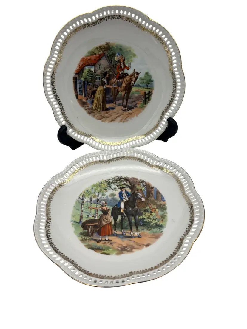 Pair Schumann Bavaria US Zone 7.5" Reticulated Plates Horseback Rider Scenes Germany Porcelain Wall Decor Gold Trim