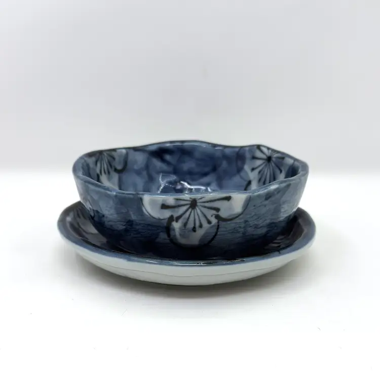 Vintage Blue Floral Japanese Bowl And Dish Set  (0331-25)