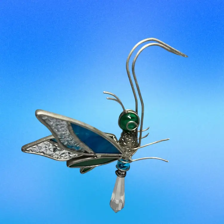 3 Beautiful Dragonfly Stained Glass, Metal With Beaded Bodies Dragonflies.